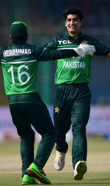 Naseem Shah celebrates his wicket